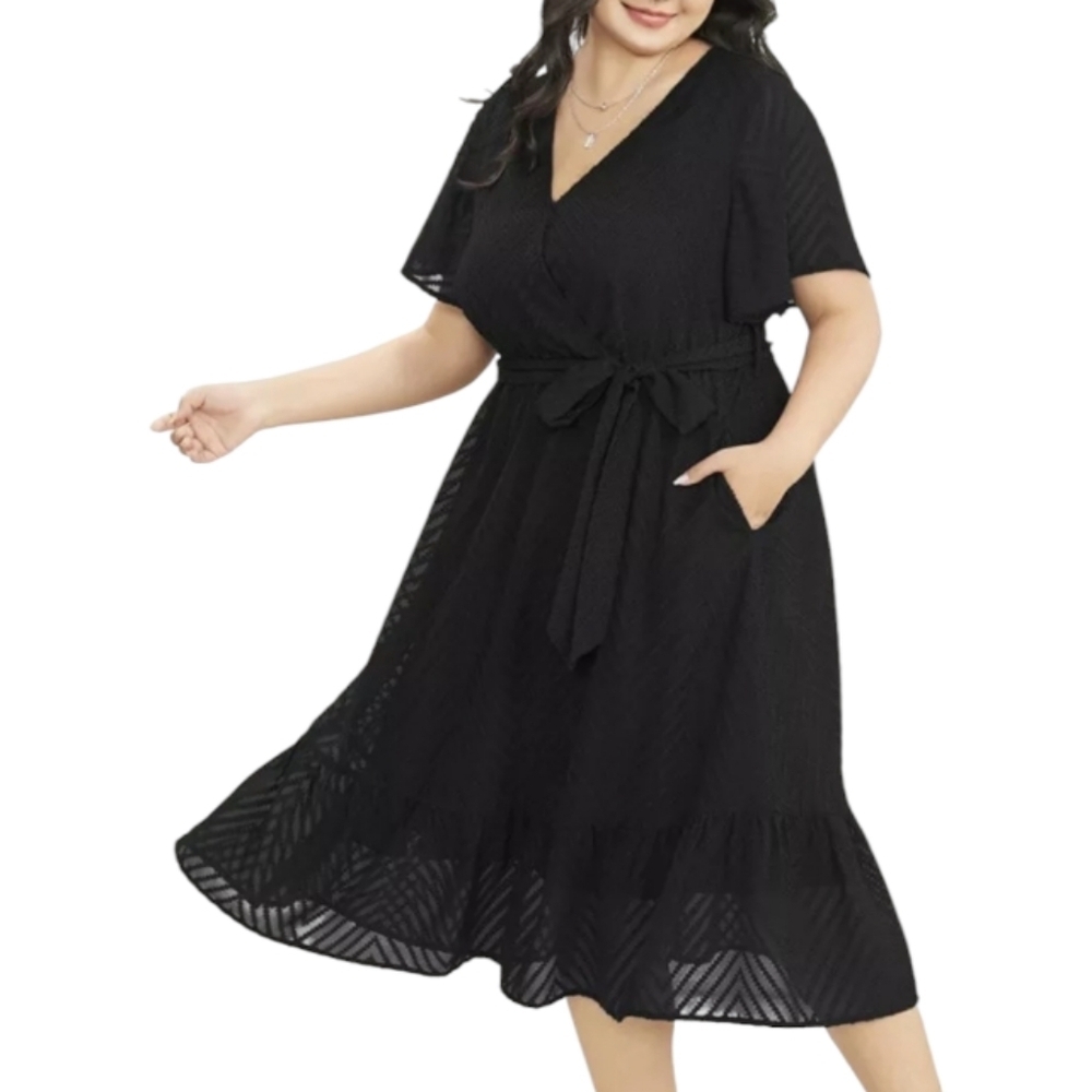 BloomChic Black Geometric Pocket Ruffle Sleeve Belted Midi Dress - Women's Plus - Picture 2 of 13